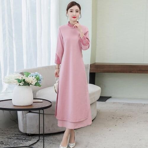 Chinese Traditional Dress Long Sleeves Modern Chinese Cheongsam Qipao Women Autumn Oriental Dresses Sexy Asian Dress FF2514