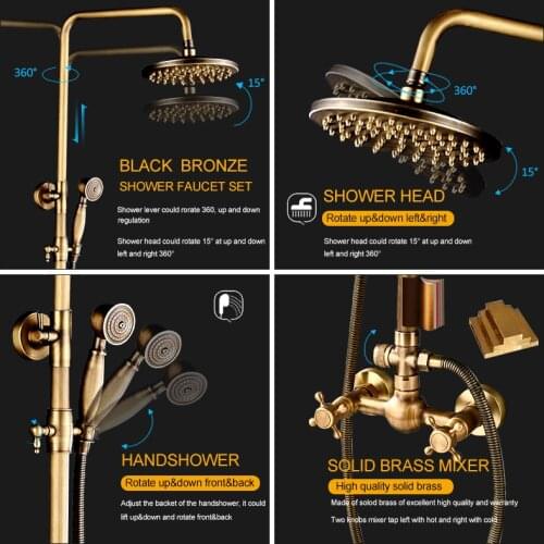 Vidric Vidric Antique Brass Shower Faucets Set 8'' Rainfall Shower Head Commodity Shelf Dual Handle Mixer Tap Bath Shower Wall M