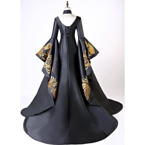 100%real vintage medieval masquerade black queen costumes golden embroidery court stage performace/stuido/drama/can customs size