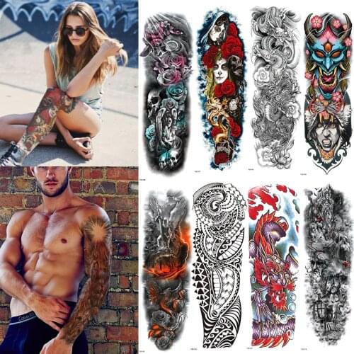 FULL SLEEVE ARM TEMPORARY TATTOO, ORIENTAL DRAGON, LOTUS FLOWERS, MENS, WOMENS