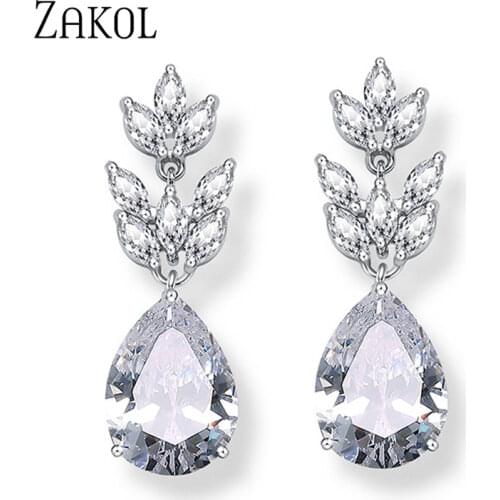 ZAKOL Romantic Bridal Wedding Accessories Jewelry Exquisite Teardrop Cubic Zircon Leaf Dangle Earrings with Rose Gold FSEP012