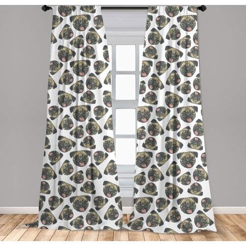Pug Curtains Cheerful Playful Animals Dog Heads with Tongues Out and Grunge Effect Window Drapes for Living Room Bedroom
