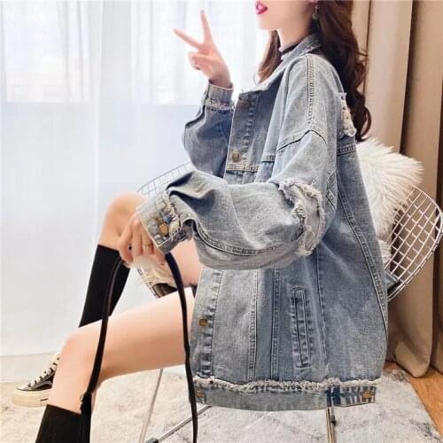 Women Denim Jacket Ladies' Loose Casual New Style Versatile Long-sleeved Ripped Blouse Hong Kong Taste Trend