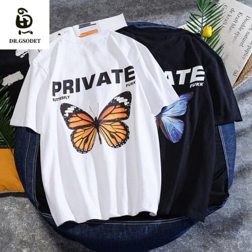 GSODET Summer T-Shirt Cotton Couple Large Size Butterfly Cartoon Print Short Sleeve Loose O-Neck All-Match Mens and Womens Top