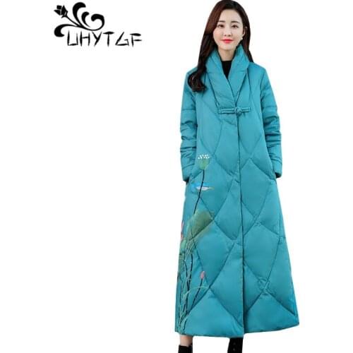 UHYTGF Winter jacket for women Stand collar print long Parker women National style elegant female coat abrigos mujer invierno501