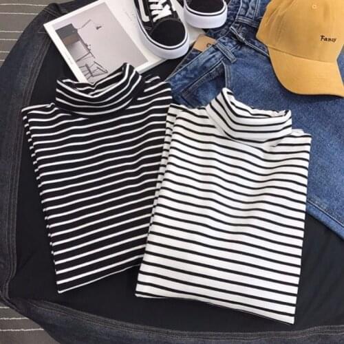 Woman TShirts Striped Turtleneck Autumn and Winter Long Sleeves T-shirt Top Crop Top Mujer Camisetas
