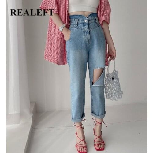 REALEFT Autumn 2021 New Straight Hole Womens Jeans Pant Mid Waist Blue Denim Pants Retro Washed Streetwear Chic Trousers Female