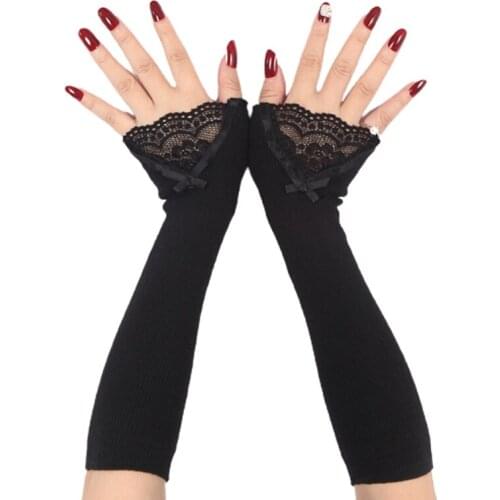 Women Winter Ribbed Knit Arm Warmers Sleeves Lace Bowknot Patchwork Long Fingerless Gloves Thermal Stretch Scar Cover