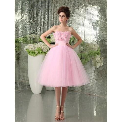 Charming Pink Net Beading Strapless Knee-Length Womens Prom Dress Party, Sweet 16, Homecoming, Cocktail, Prom