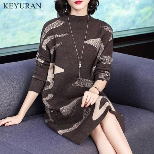 2021 Autumn Winter Warm Women Dress New Fashion Large Size Loose Medium-length Half High Collar Knit Women Sweater Dress M-XXXXL