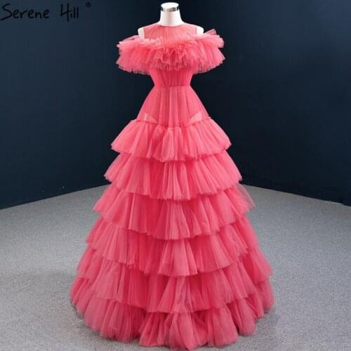 Watermelon Red A-Line Sexy Evening Dresses 2020 Tiered Perspective Tulle Formal Dress Serene Hill HM67142