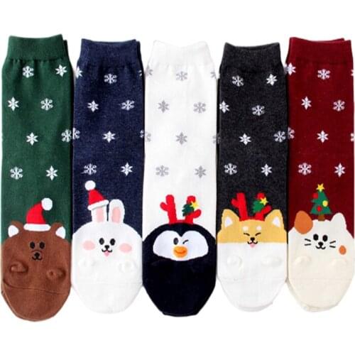 2021 new years socks warm 5 pairs/pack cartoon bunny penguin bear cotton sock ladies and womans animal sock for christmas gift