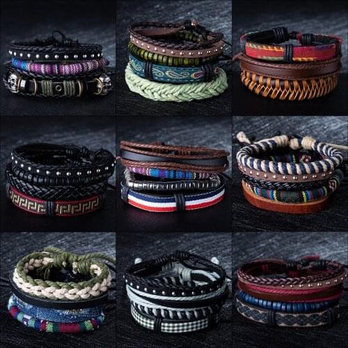 BOHO Tibet Metal Stone Beads Multilayer Leather Bracelet Bangles Chain&Link Charms Bracelets for Men Vintage Punk Wrap Wristband