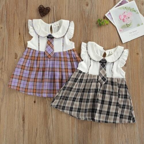 Newborn Doll Collar Fly Sleeve Princess Summer Princess Breathable Baby Girls Dress Children Plaid Splicing with Bow Tie