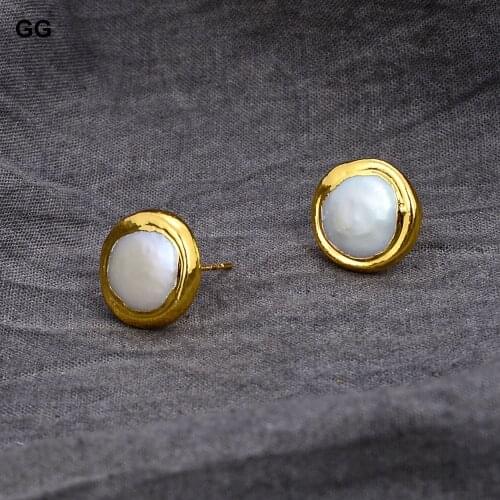 GuaiGuai Jewelry Freshwater White Coin Pearl Bezel Gold Color Plated Earrings For Women