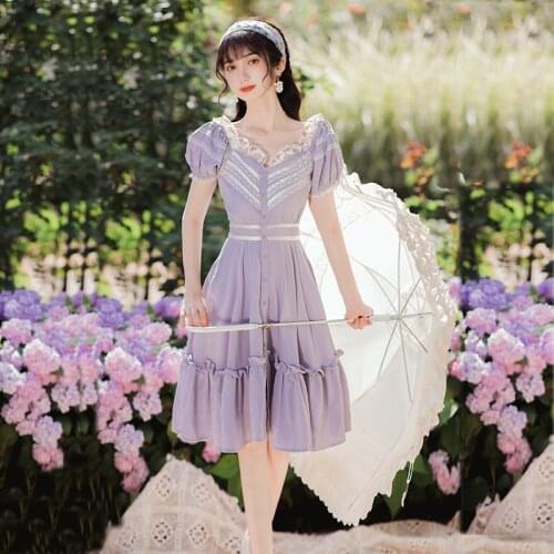 Kawaii Party Dress Vestido French Sweet Lolita Dress 2021 Summer V-Neck Lace Stitching Ruffled Lovely Purple Fairy Dress Ladies