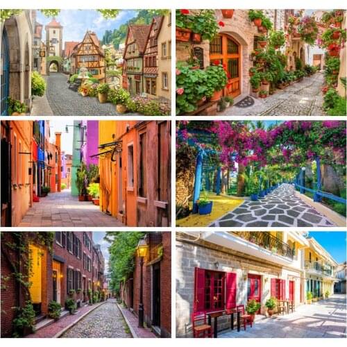 Laeacco Rural Village Town Street Buildings Flowers Shop Grass Baby Portrait Photo Backdrop Photography Background Photo Studio