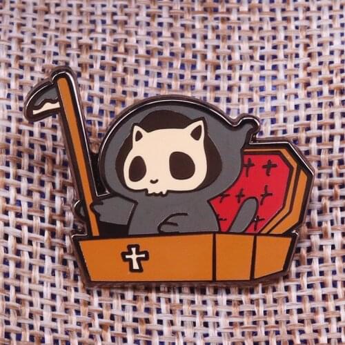 Grim reaper panda enamel pin skull ghost brooch cute cat badge death jewelry funny Halloween accessories gift for her