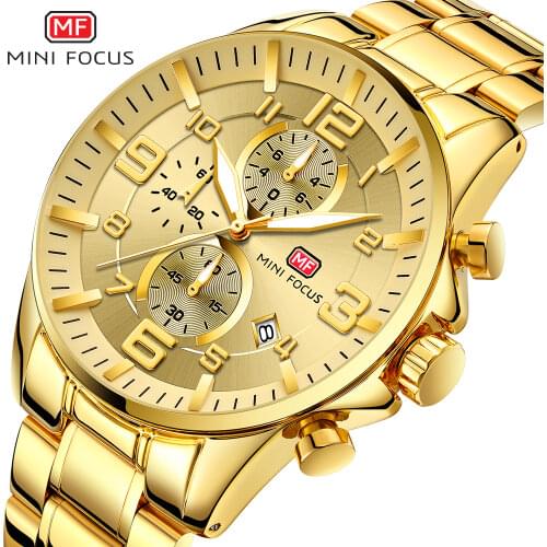 MINI FOCUS Watches Mens Luxury Gold Watch Chronogragh Watch Calendar Pilot 1/10 second 3 Dials Stainless Steel Relogio Masculino