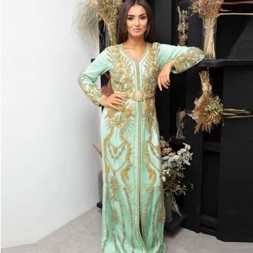 Mint Moroccan Kaftan Caftan Muslim Evening Dresses A-line V-neck Appliques Beaded Dubai Arabic Turkey Abaya Islamic Evening Gown