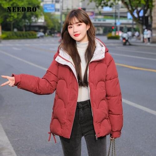 NEEDBO Korean Style 2021 Winter Jacket Parkas Women Hooded Cotton Padded Coats Female Coat Loose Womens Short Parka Outwear