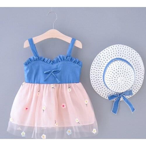 2020 New Summer Dresses Casual Cute Infant Kids Baby Girl Bow Floral Sleeveless Ruffle Princess Party Dress + Sun Hat Clothes