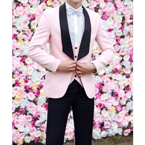 Newest Groomsmen Pink and Black Groom Tuxedos Shawl Lapel Men Suits Wedding Best Man ( Jacket+Pants+Bow Tie+Vest ) C663