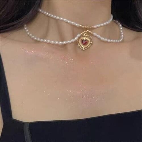 Kpop New French retro Double Layers Imitation Pearls Red Heart Choker Short Chain Necklace for Women Party Aesthetic Jewellery