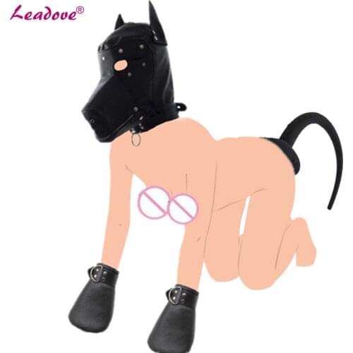 Deluxe Puppy Play Essentials Kit Leather Head Mask Hood Soft Paded Fist Mitts Paws Anal Butt Plug with Puppy Tails Sex Toys