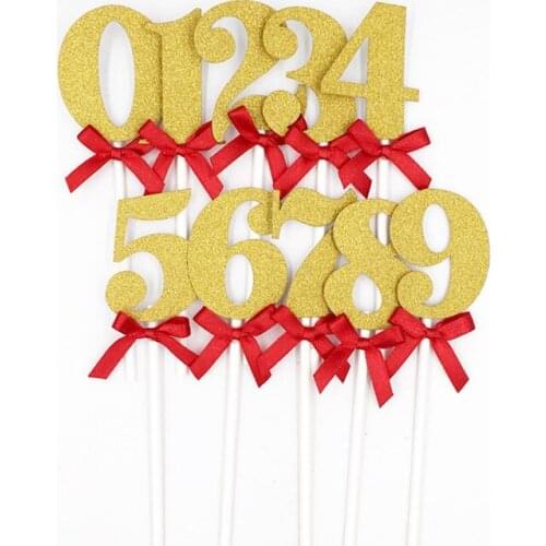 Cake Topper Flags Gold Silver Glitter Number Cupcake Toppers Bride Kids Happy Birthday Wedding Cake Wrapper Party Baking DIY