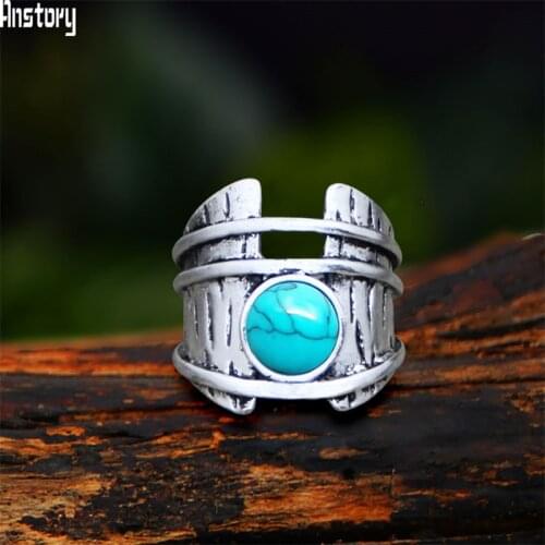 Vintage Round Syntetic Turquoises Rings For Women Real Antique Silver Plated Irregular Shape Fashion Jewelry Ring Free Shipping