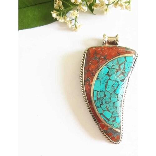 TBP068 Nepal Hand Vintage Pendants Copper Inlaid Colorful Stone Big Dao Pendant