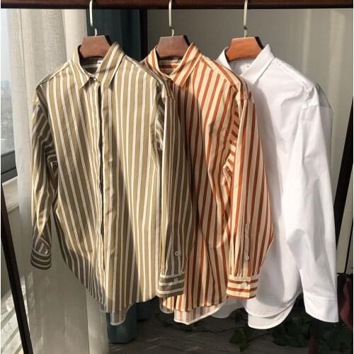 Ladies 100% Cotton Contour Long Sleeve Lapel Contrast Stripe/Pure White Blouse Shirt Top