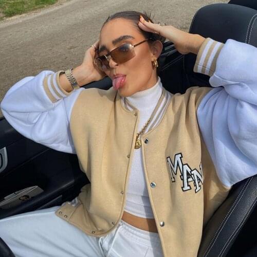 Y2k Harajuku Oversized Varsity Jacket Baseball Women Patchwork Autumn Winter Letter Print Long Sleeve Khaki Oversized Coat