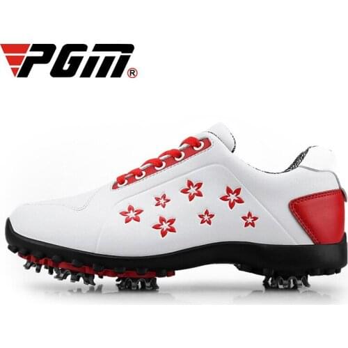 PGM Women Waterproof Golf Shoes Ladies Anti-slip Movable Spikes Training Shoes Soft Leather Printed Sweet Golf Sneakers D0755