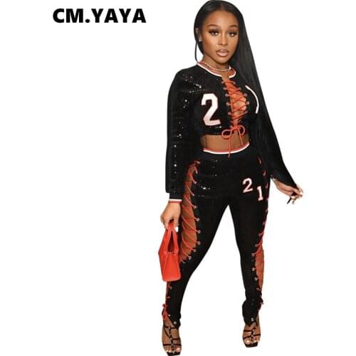 CM.YAYA Women Set Bandage Hollow Out Sequins Full Sleeve O-neck Crop Tops Strechy Pants Two 2 Piece Set Tracksuit Outfit Summer