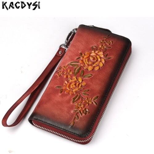 Handmade Embossing Brush Color Women Wallets Long Vintage Purse Vegetable Tanned Leather Female Wallet Modern Fashion Clutch Bag