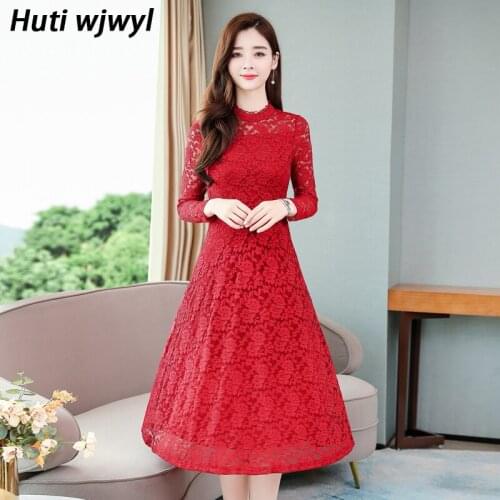 2021 Vintage Red Lace Lady Midi Dresses Autumn Winter 4XL Plus Size Solid Long Sleeve Dress Elegant Women Bodycon Party Vestidos