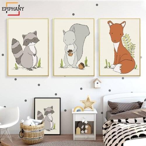 Fox Raccoon Squirrel Woodland Nursery Art Animal Canvas Painting Kids Wall Art Anime Poster Baby Boys Girls Room Decor