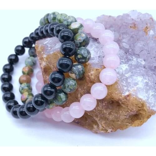 3pcs/ Sets Bracelets 8 mm Stone Beads Rose Crystal Black Agates Ryholite Beaded Wrist Men Women Mala Bracelets 19 cm Bracelet