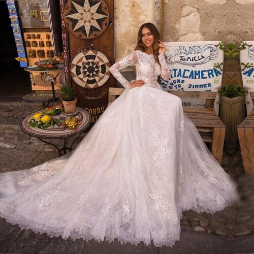 A76 Charming Full Lace Appliques Wedding Dress Boho Long Sleeves Sweep Train Vintage A Line Bridal Gown Factory Custom Made