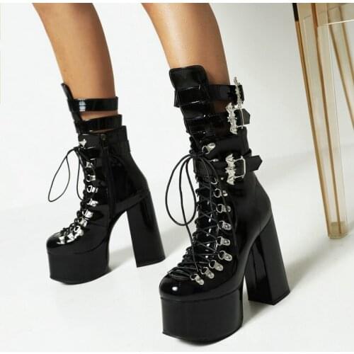 14CM Super High Heel Platform Ankle Boots Fashion Metal Belt Buckle Women Boots Autumn Winter Zipper Motorcycle Boots Size 35-46