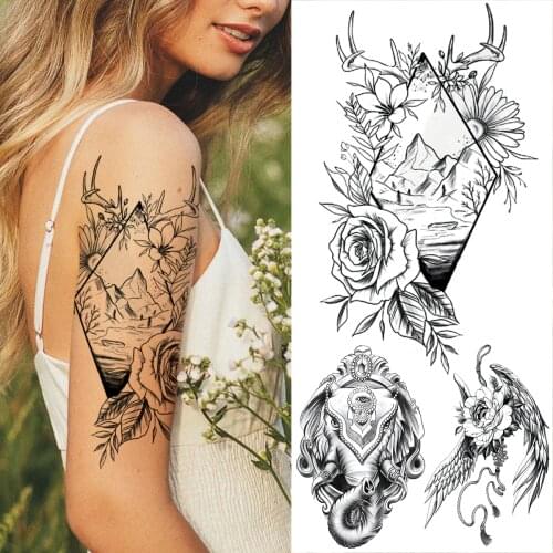 Geometric Mountain Rose Antler Temporary Tattoos For Women Adult Elephant Feather Peony Fake Tatoo Sticker Sexy Waterproof Tatoo