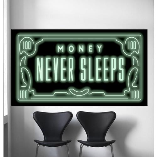 Money Never Sleep HD Canvas Print Nordic Quotes Letter Money Art Home Decor Wall Art Painting Print Canvas Office Art Culture