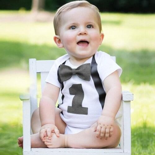 Baby Boys Rompers Kids Gentleman Suspenders Tie Bow Boys 2018 Summer Clothes 1 Year Birthday White Romper Toddler Jumpsuits 12M