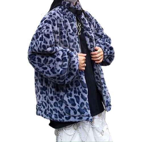 Korean New Loose Plus Velvet Street Coat Lamb Wool Coat Women Winter Blue Leopard Faux Fur Coat Padded Jacket