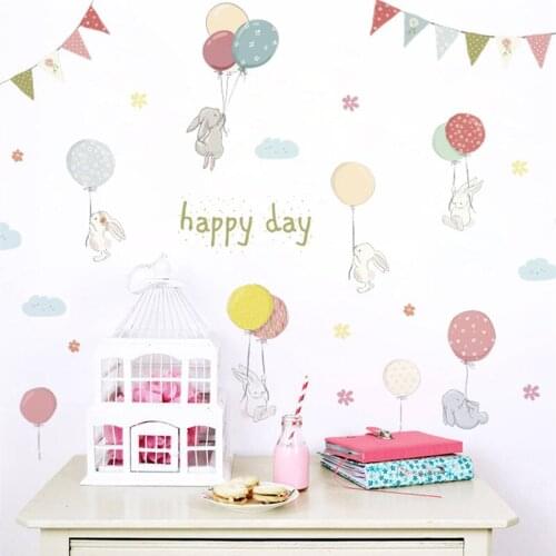 Cute Bunny Playing Balloon Wall Stickers Kids Girls Room Home Decor Decoration Animal Rabbit Mural Art Diy Pvc Safari Wall Decal