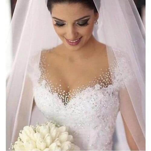 Fashion Beads Crystal White Ivory Wedding Dresses for brides plus size maxi formal Cap Sleeve