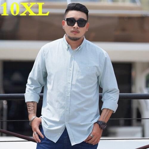 Plus size 10XL 9XL Mens Long Sleeve Solid Oxford Dress Shirt with Left Chest Pocket High-quality Male Casual Tops Button Shirts