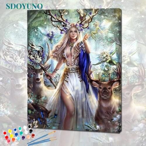 SDOYUNO 60x75cm Painting By Numbers Elf queen and deer DIY Frameless pictures by numbers On Canvas Wall Art For Home Decor